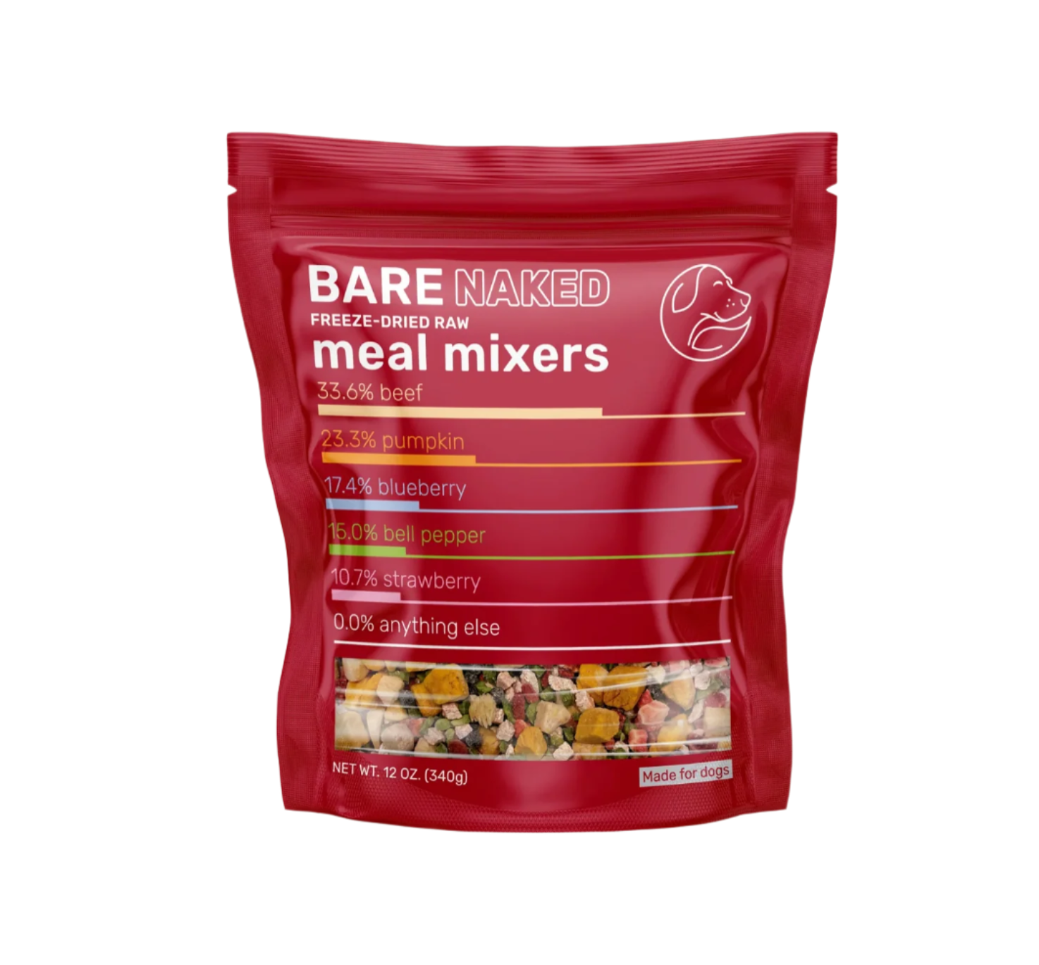 Red package of Bare Naked meal mixers on a beige background