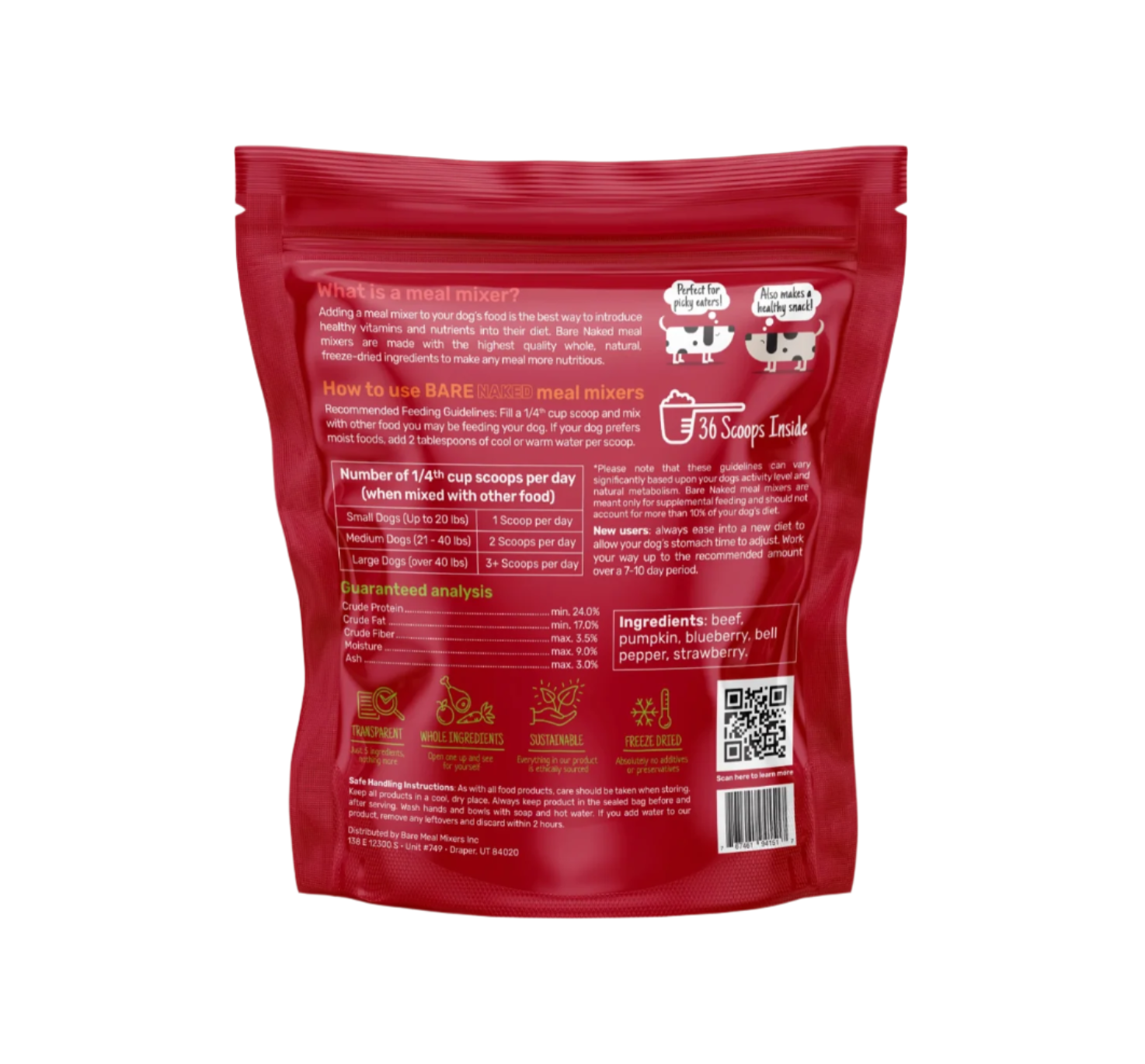 Red pet food package with text and a QR code on a beige background