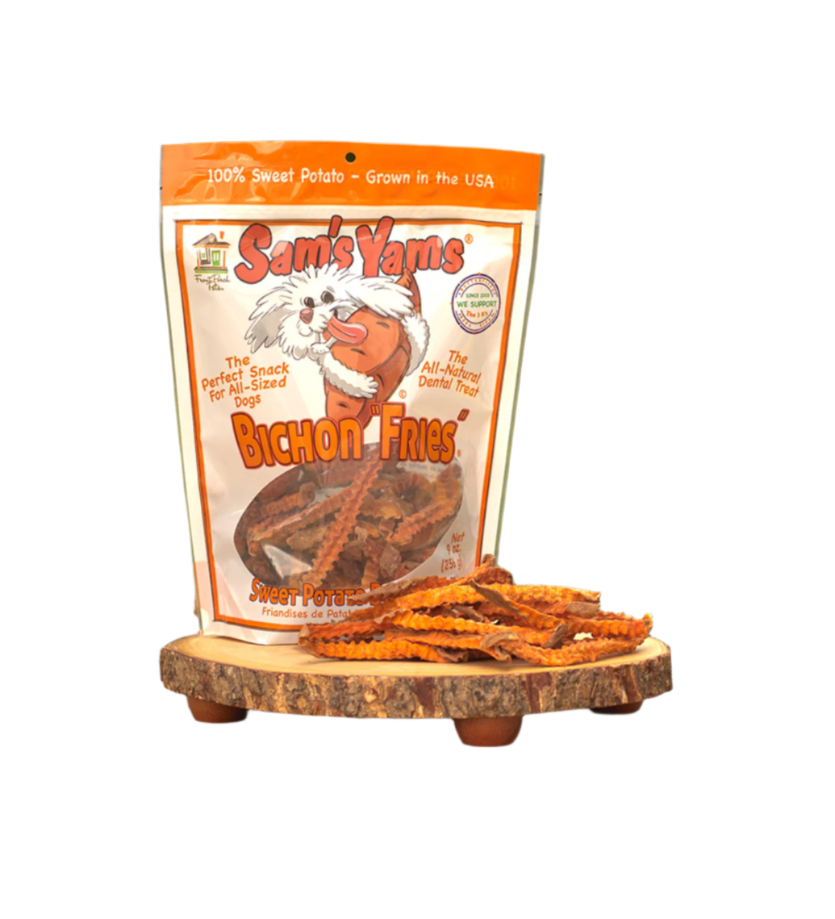 Bag of Sam's Yams Bichon Fries sweet potato treats on a wooden board with a natural background.