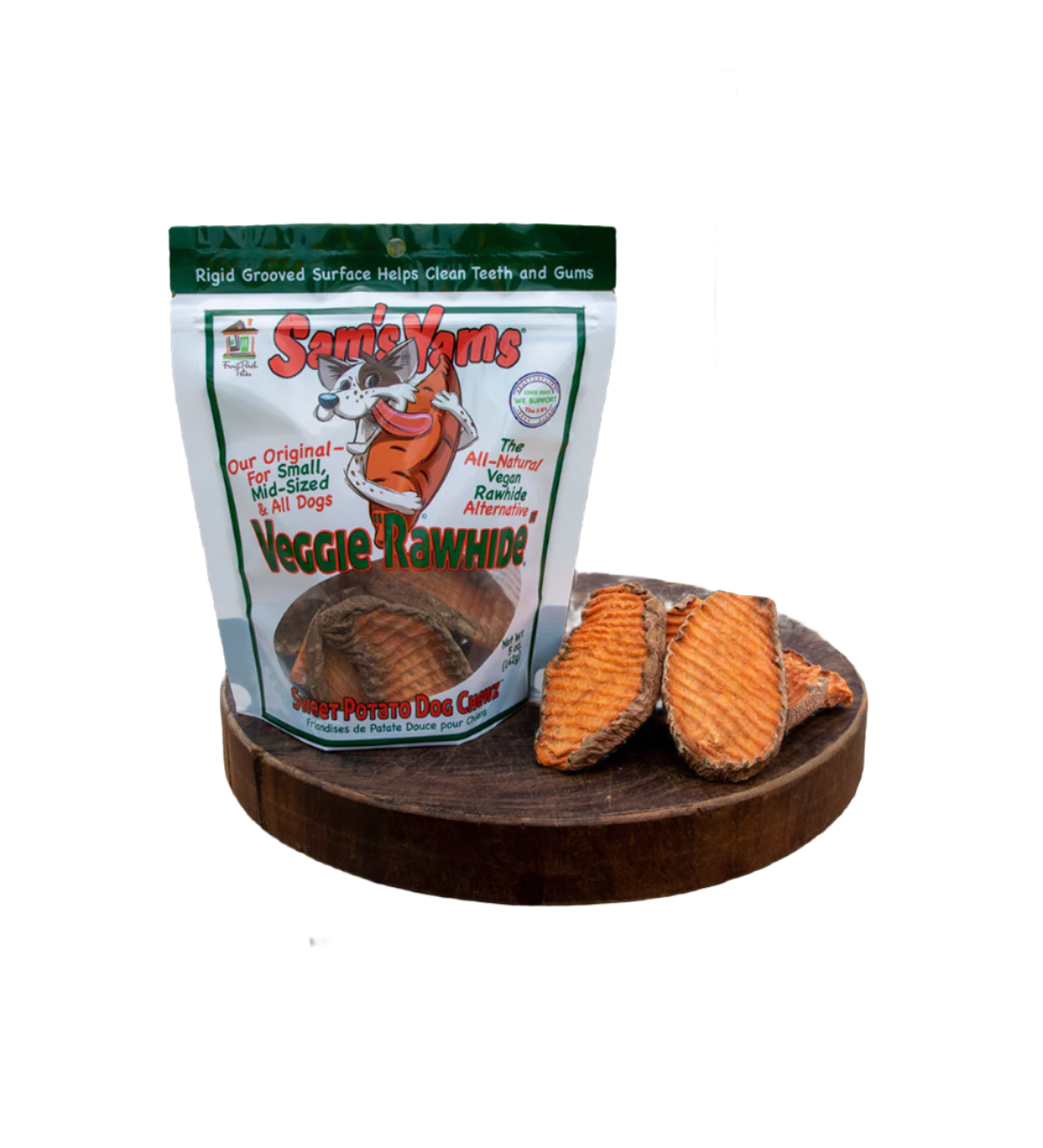 Bag of Sam's Yams Veggie Rawhide with two pieces on a wooden board outdoors.