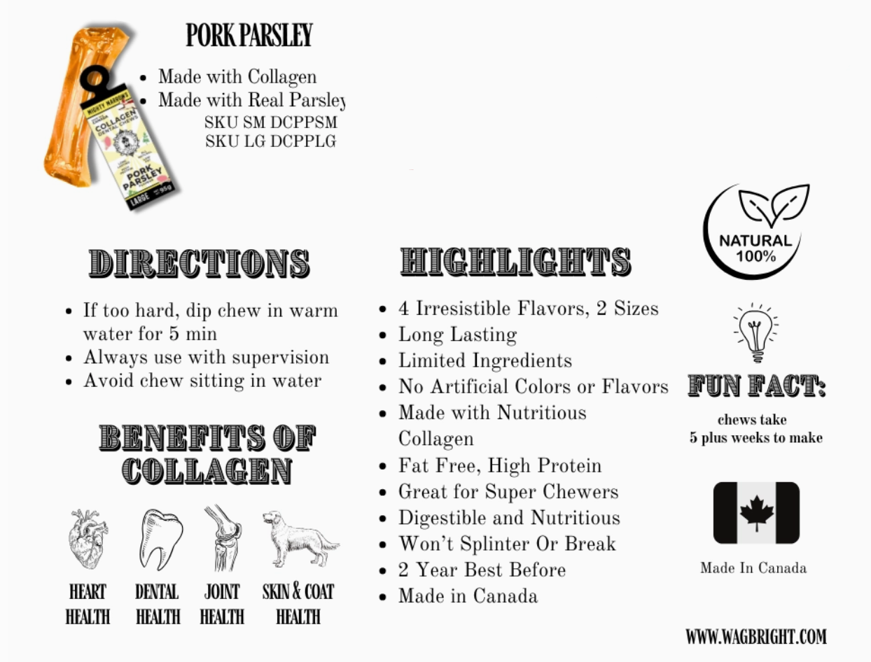 Product label for Pork Parsley with directions, highlights, and benefits of collagen on a white background.