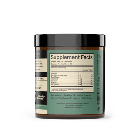 Complete Natural Products Joint Support Enzymes powder supplement container showing ingredient label and nutritional information panel.