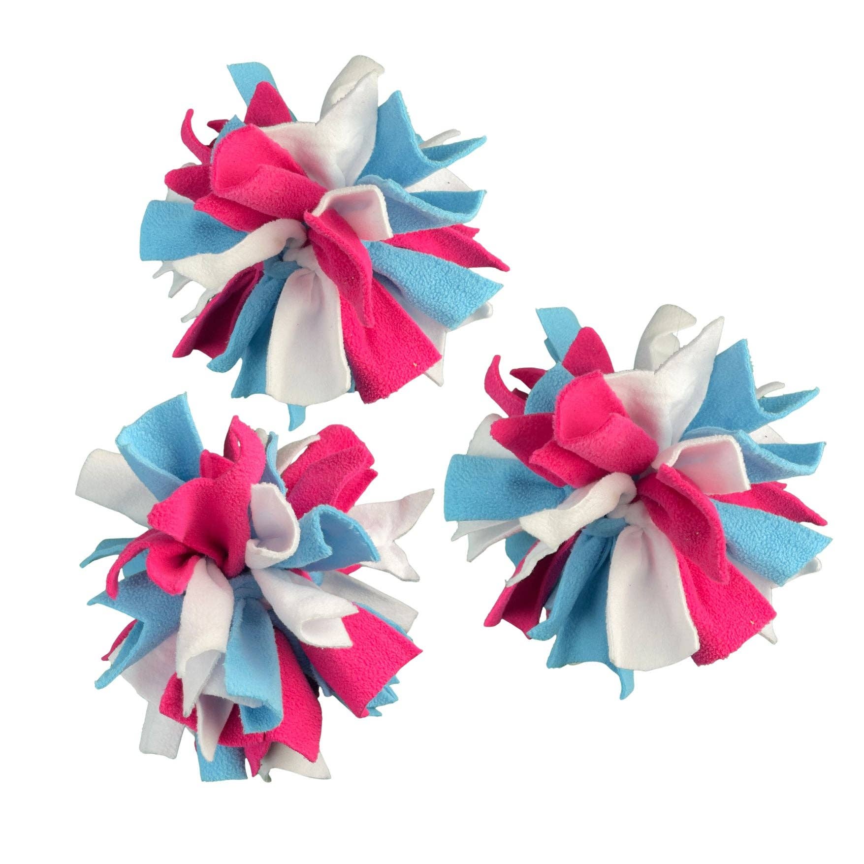 Chelsy's Toys Interactive Snuffle Ball showing colorful fleece strips and hidden treat compartments for dog enrichment.