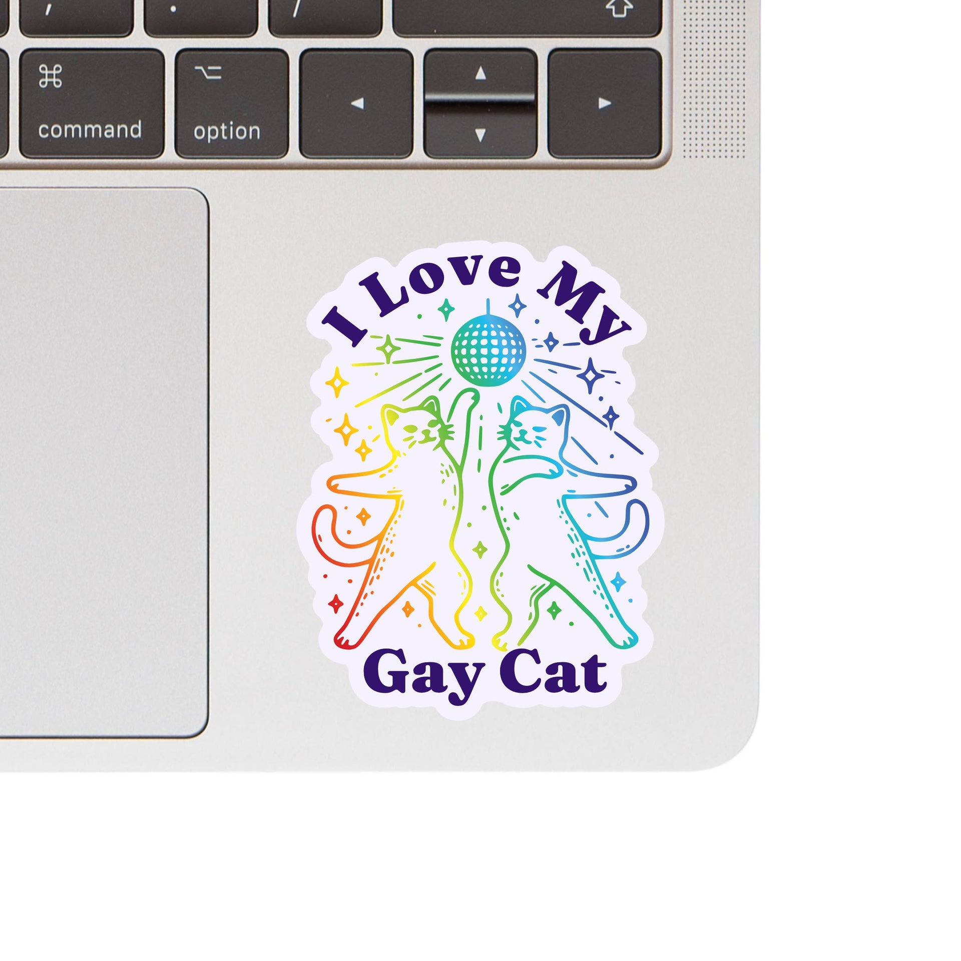 Juju and Moxie I Love My Gay Cat weatherproof vinyl sticker showing detailed design and material texture.
