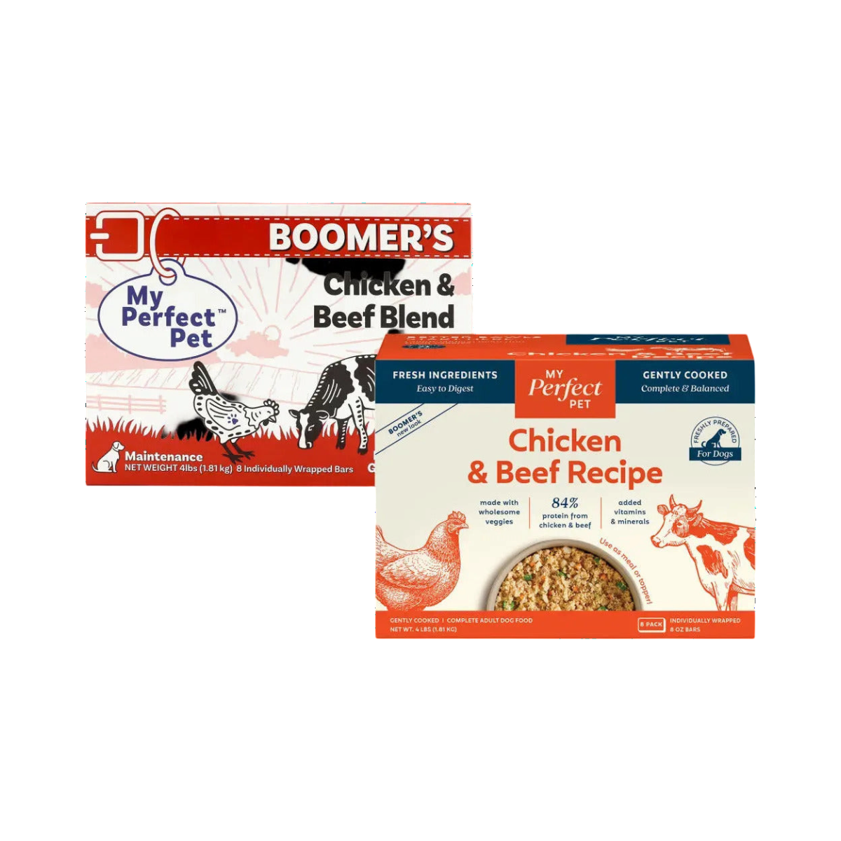 Dog Dish My Perfect Pet Boomer's Chicken & Beef frozen dog food 4lb box with illustrations of chicken and beef.