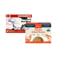 Dog Dish My Perfect Pet Boomer's Chicken & Beef frozen dog food 4lb box with illustrations of chicken and beef.