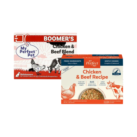 Dog Dish My Perfect Pet Boomer's Chicken & Beef frozen dog food 4lb box with illustrations of chicken and beef.