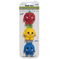 Fruitie Cuties Foodies Ruff-Tex three-pack of colorful fruit-shaped dog toys including watermelon, orange, and strawberry designs.
