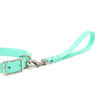 Mimi Green Traffic Dog Lead waterproof biothane construction detail showing PVC-coated polyester webbing material and hardware quality.