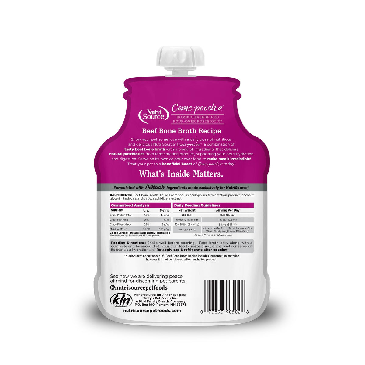 NutriSource Come-Pooch-A Beef packaging shown at an angle highlighting size and label details.