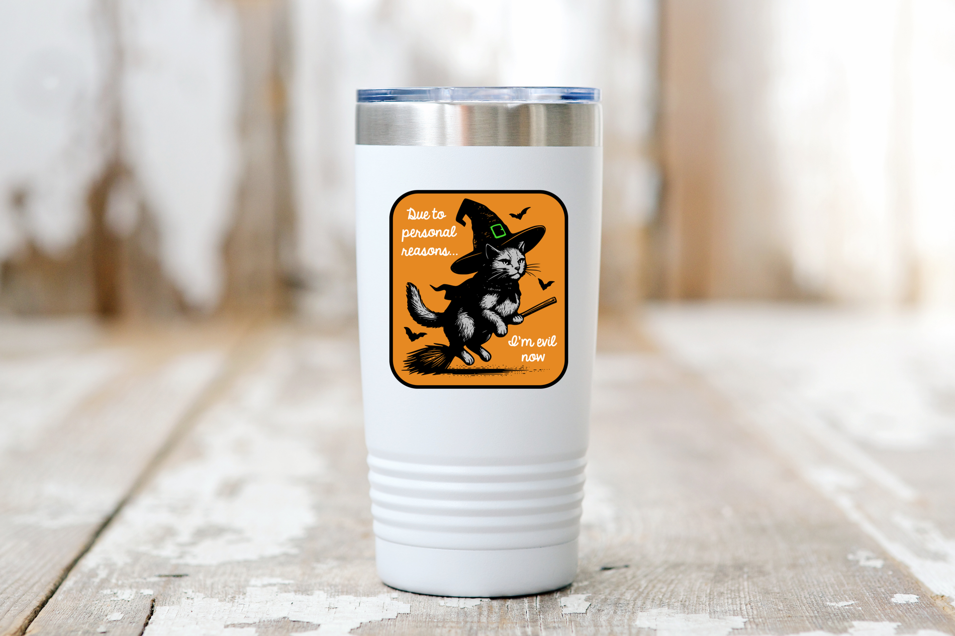 Close-up detail of Yarnival's Due to Personal Reasons I'm Evil Now sticker showing text and design elements clearly.