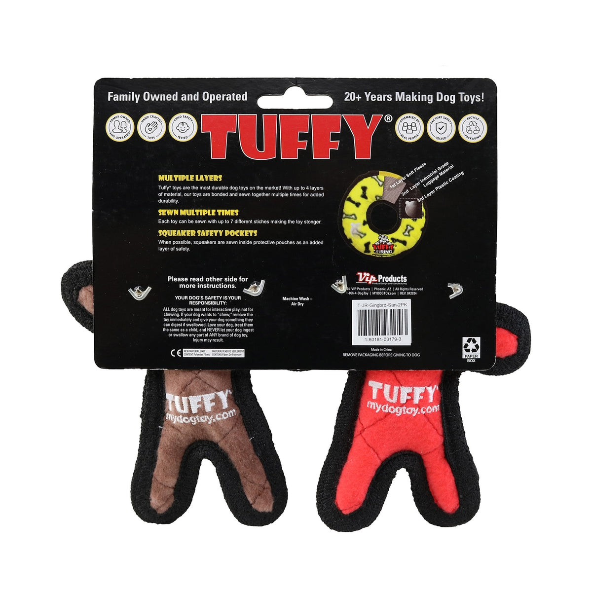 Close-up detail of Tuffy Jr. Santa & Ginger holiday dog toy set showing texture and durability features.
