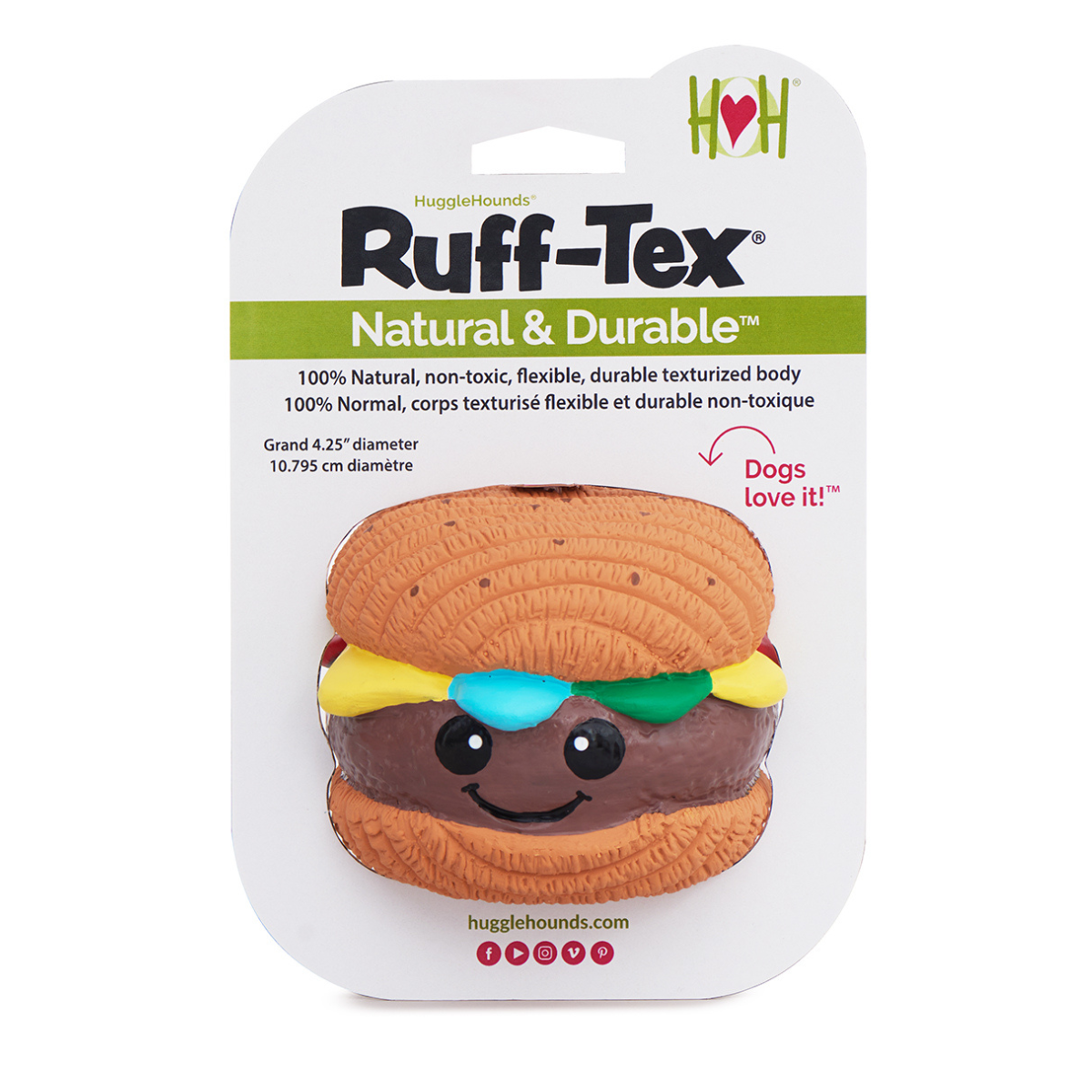 HuggleGroup Ruff-Tex Big Buns hamburger ball dog toy showing detailed texture and realistic food-inspired design elements.