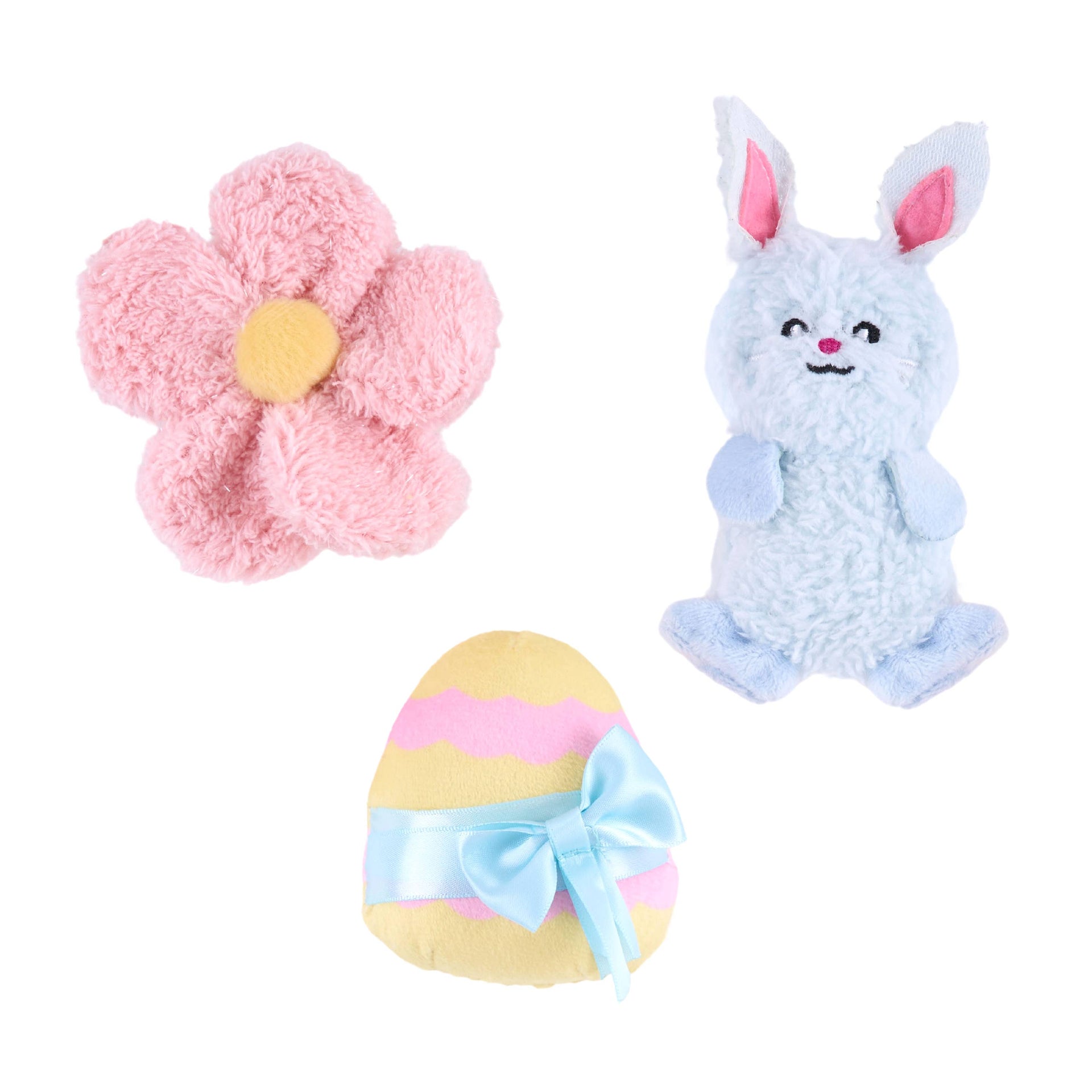 ZippyPaws Spring Fling 6-Pack plush dog toys displayed showing colorful palm-sized characters with different designs and textures.