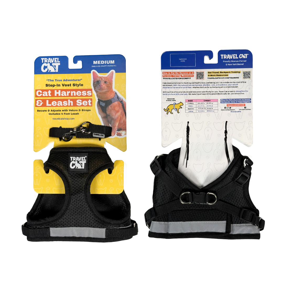 Travel Cat Oasis harness and leash set displayed with packaging and accessories showing complete product bundle.