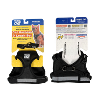 Travel Cat Oasis harness and leash set displayed with packaging and accessories showing complete product bundle.