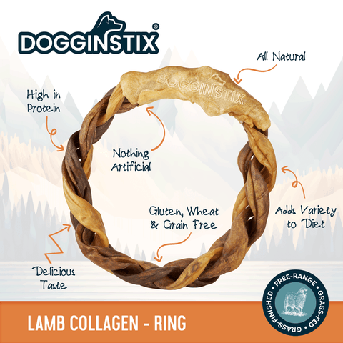 Close-up detail of Dogginstix Braided Sticks Lamb Collagen Ring showing texture and braided construction.