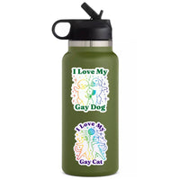 Juju and Moxie I Love My Gay Dog vinyl sticker applied to a laptop or water bottle.