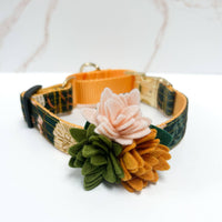 Close-up detail of handcrafted three-dimensional felt succulents on Mimi Green's botanical dog collar accessory.