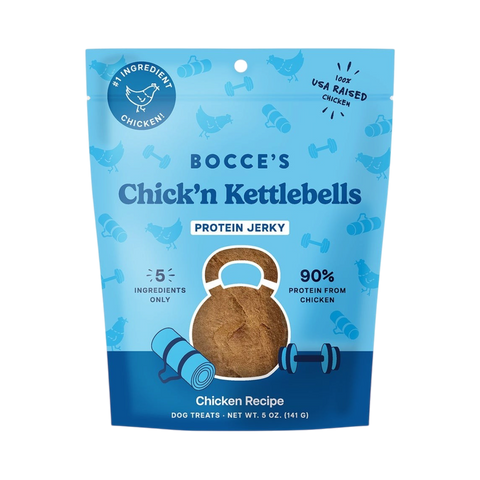 Bocce's Bakery Jerky Cuts Chicken dog treats in packaging featuring a golden retriever illustration.