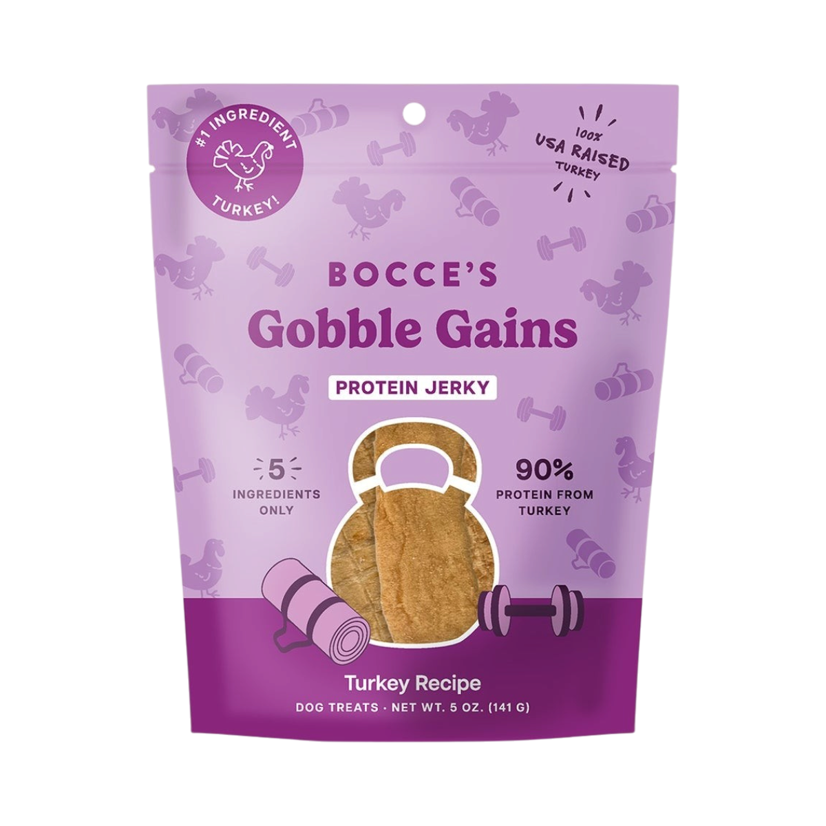 Bocce's Bakery Jerky Cuts Turkey dog treats in packaging featuring a bold, colorful label design.