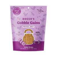 Bocce's Bakery Jerky Cuts Turkey dog treats in packaging featuring a bold, colorful label design.
