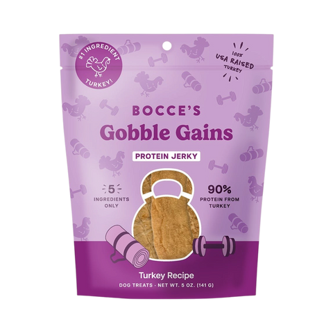 Bocce's Bakery Jerky Cuts Turkey dog treats in packaging featuring a bold, colorful label design.