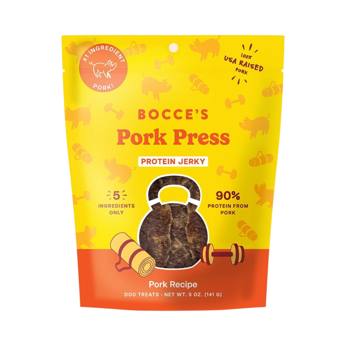 Bocce's Bakery Jerky Cuts Pork dog treats in branded packaging on a clean white background.