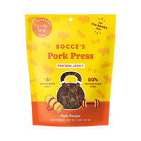 Bocce's Bakery Jerky Cuts Pork dog treats in branded packaging on a clean white background.