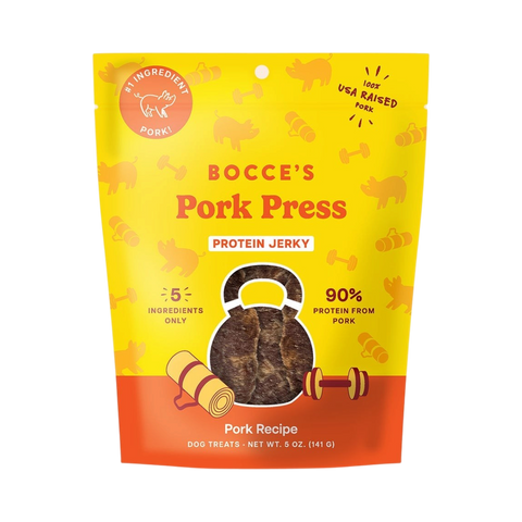 Bocce's Bakery Jerky Cuts Pork dog treats in branded packaging on a clean white background.