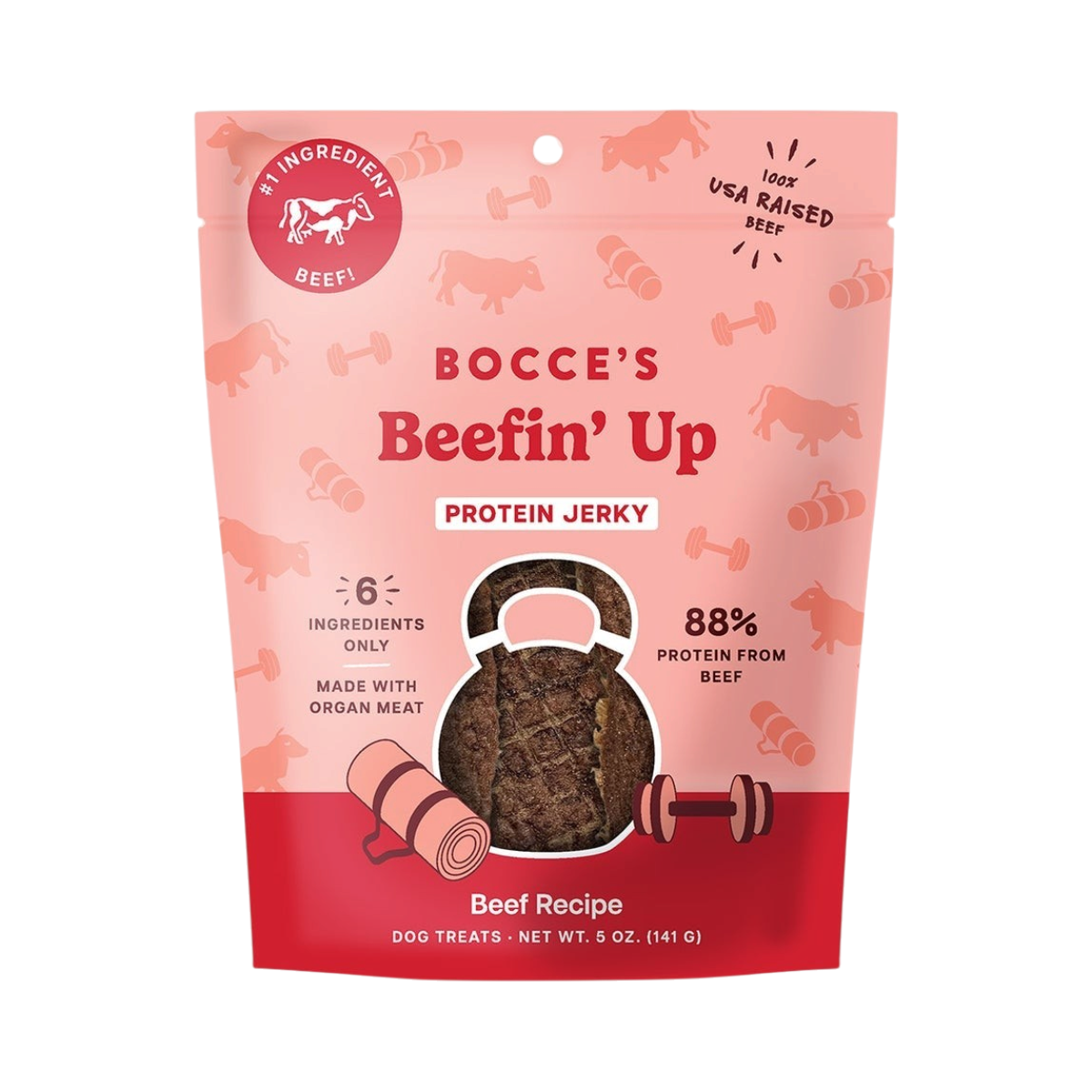 Bocce's Bakery Jerky Cuts Beef dog treats in packaging shown as the primary product shot.