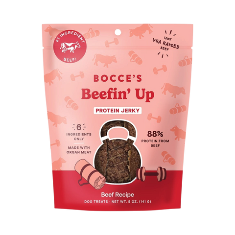 Bocce's Bakery Jerky Cuts Beef dog treats in packaging shown as the primary product shot.