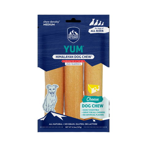 Himalayan Dog Chew Yaky Yum cheese-flavored dog treat packaging displayed as the primary product shot.