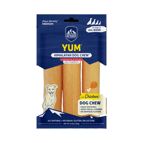Himalayan Dog Chew Yaky Yum Chicken flavored dog treats displayed in product packaging.