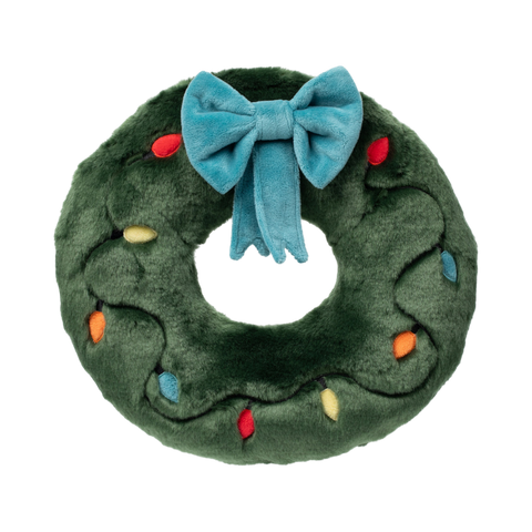 Fluff & Tuff Retro Wreath holiday plush dog toy featuring a festive green wreath design.