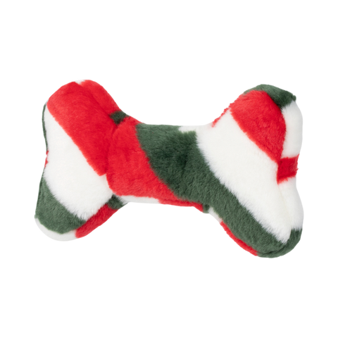 Fluff & Tuff Mini Peppermint Bone holiday dog toy featuring a festive red and white striped design.
