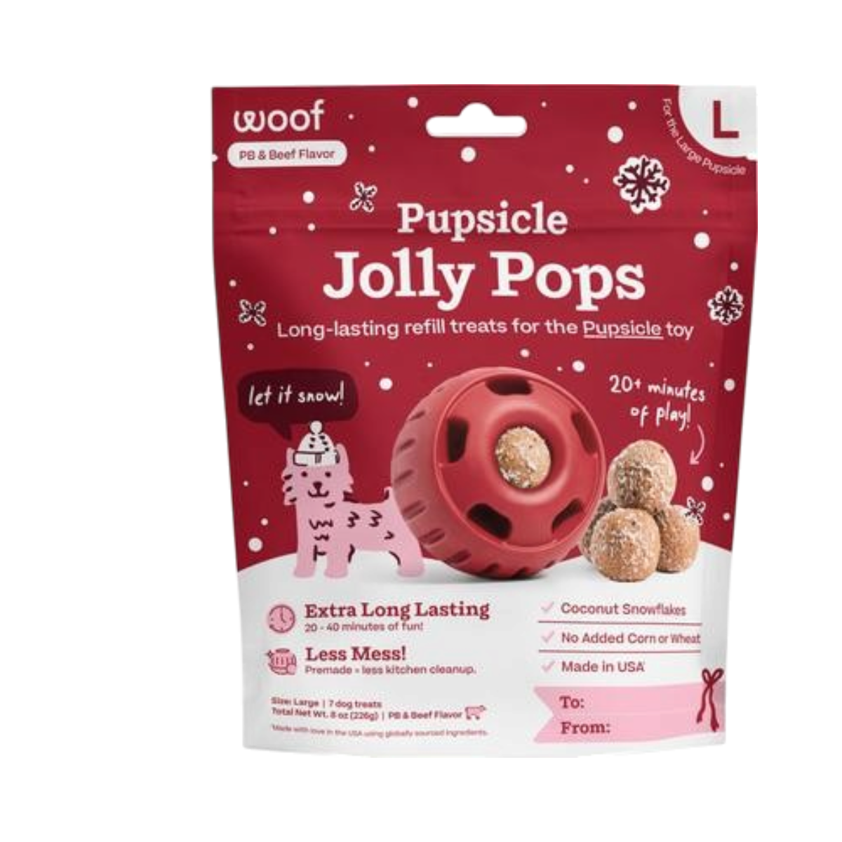 Woof brand Jolly Pops holiday dog treats displayed in festive seasonal packaging.