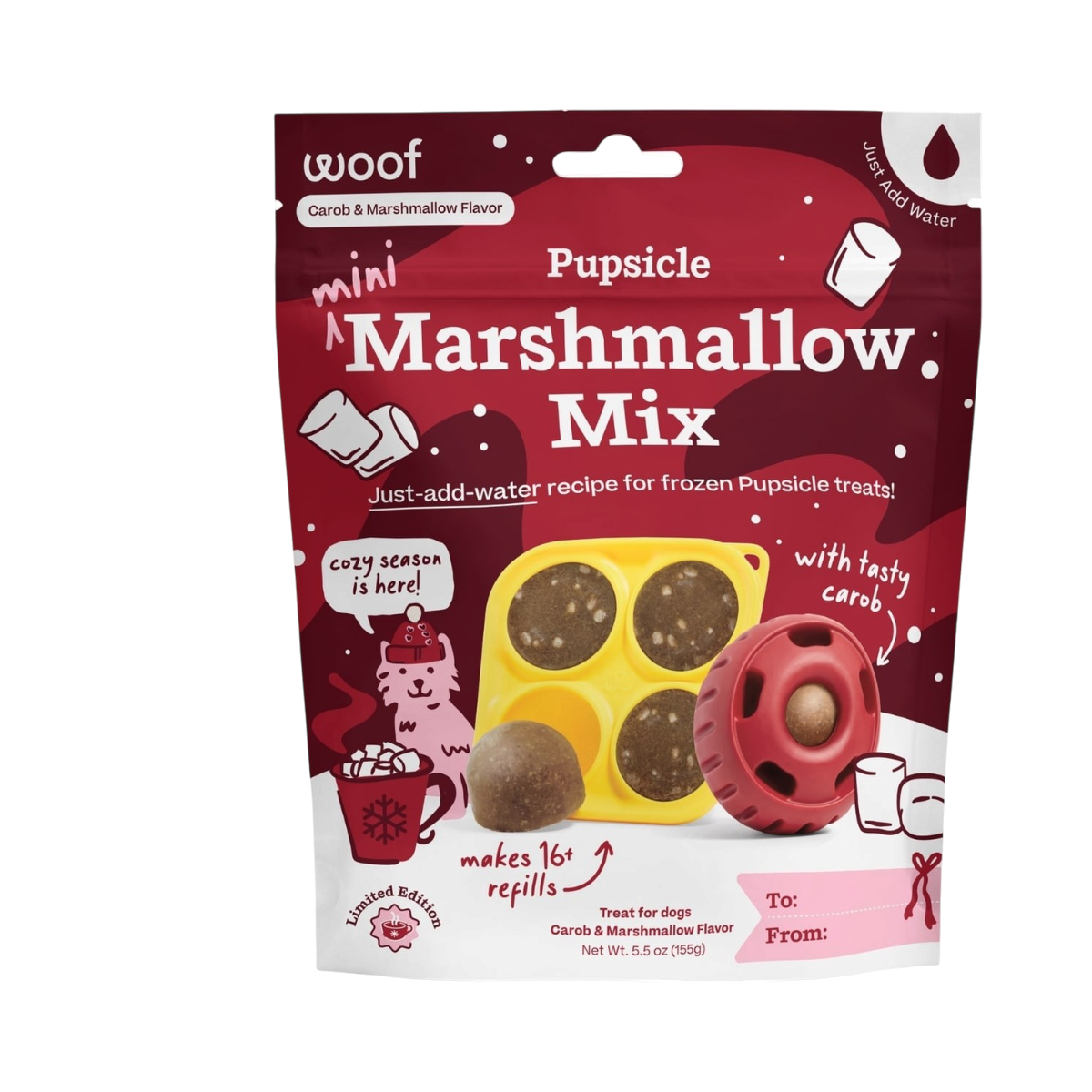 Woof Holiday Marshmallow Mix festive pet treat bag featuring playful seasonal packaging design.
