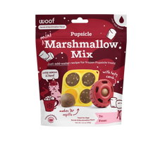 Woof Holiday Marshmallow Mix festive pet treat bag featuring playful seasonal packaging design.