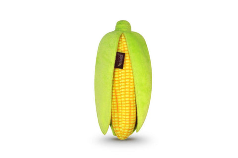 P.L.A.Y. Farm Fresh Veggie Corn plush dog toy featuring yellow kernels and green husks on white background.