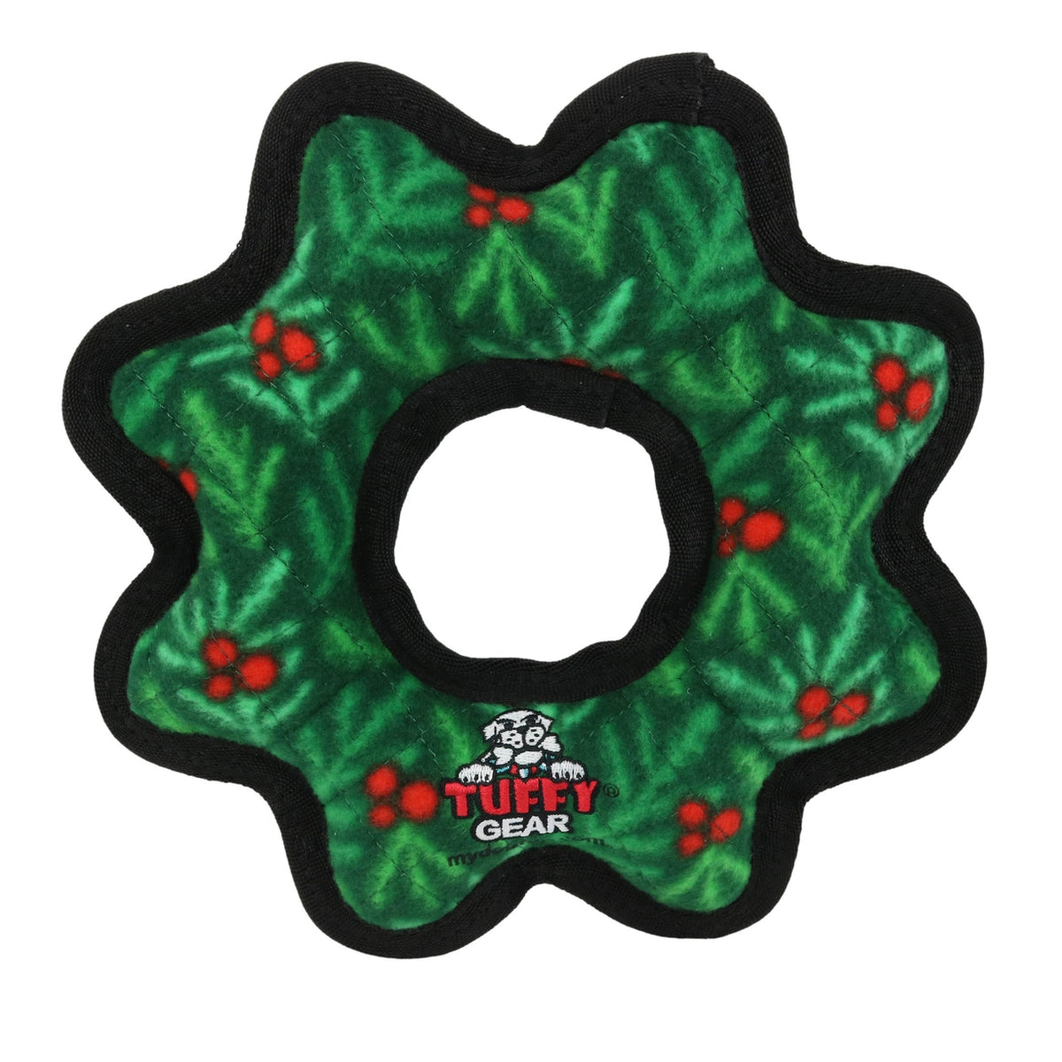 Close-up detail of the Tuffy Gear Wreath holiday dog toy showing durable stitching and material texture.