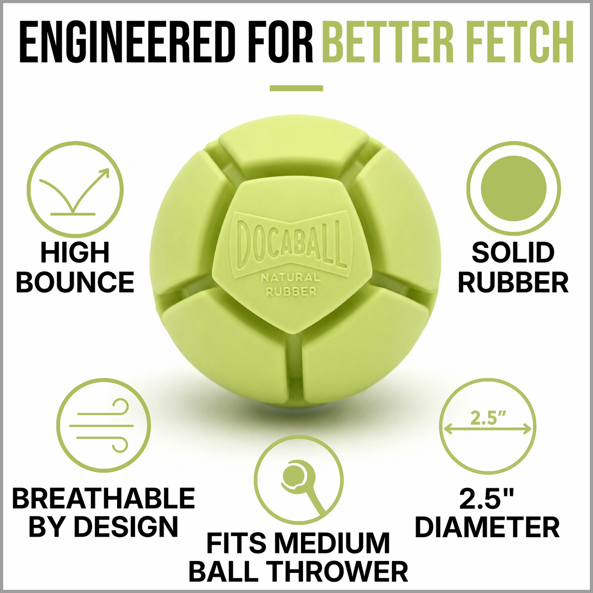 A dog playing fetch with the Docaball Natural Rubber Ball in Key Lime Pie green outdoors.