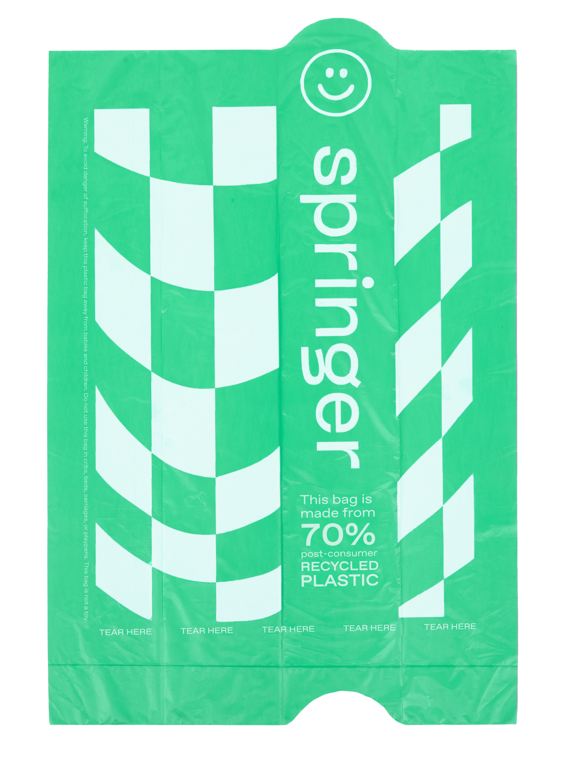 Springland poop bag dispenser shown with waste bag roll inserted, demonstrating compact size and portable design.