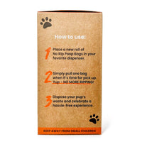 No Rip Poop Bags packaging showing 8 rolls of pre-torn leak-proof waste bags for dogs.