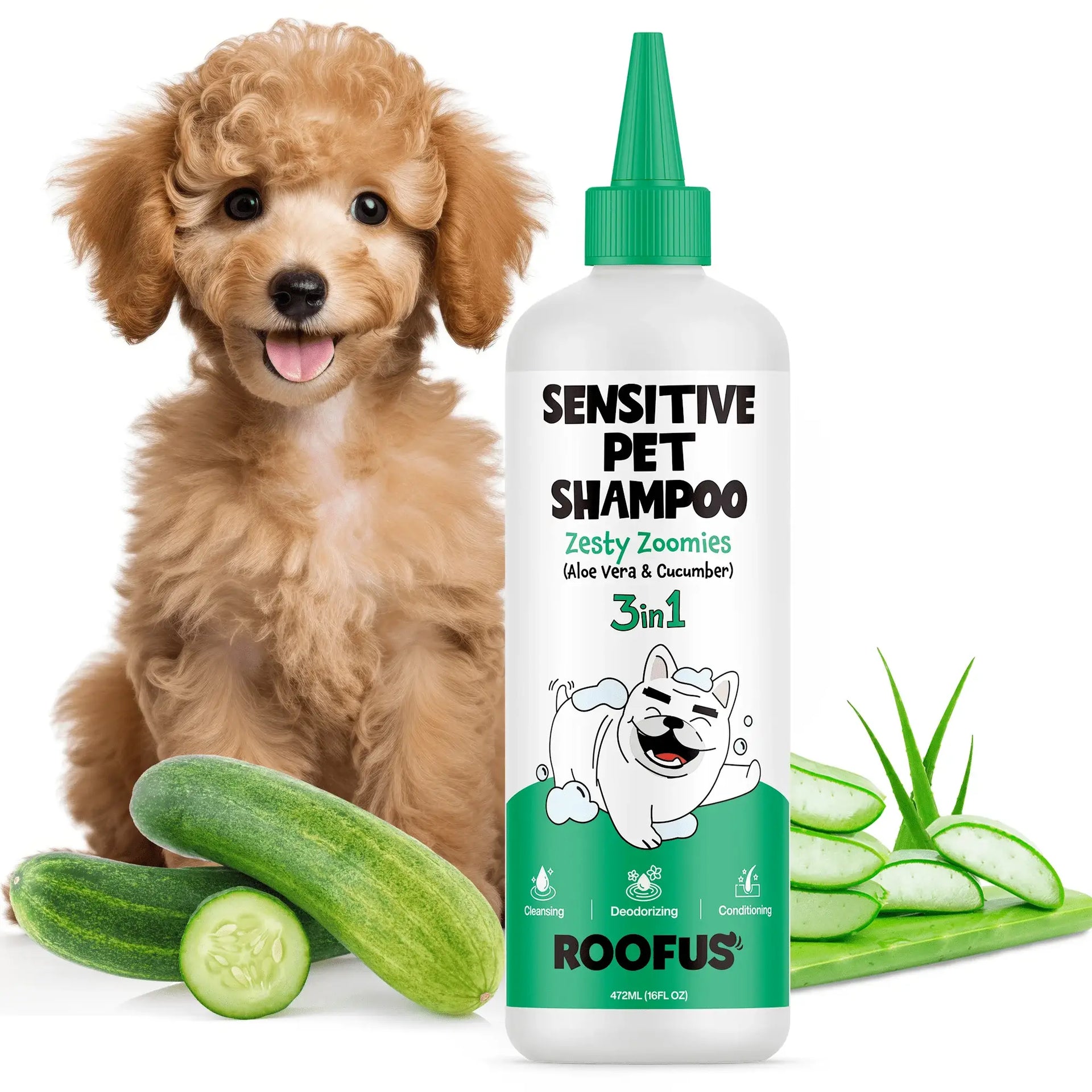 Roofus Zesty Zoomies dog shampoo bottle shown from back or side angle displaying ingredient list and usage instructions