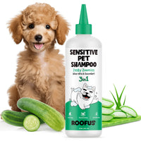 Roofus Zesty Zoomies dog shampoo bottle shown from back or side angle displaying ingredient list and usage instructions
