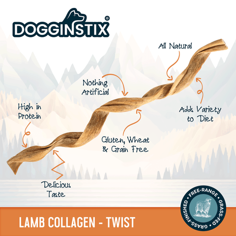 Close-up detail of Dogginstix Lamb Collagen Twist 12-inch dog chew showing texture and twisted shape.