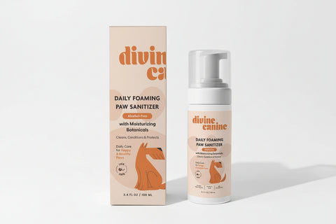 Divine Canine Foaming Paw Shampoo bottle showing product label and foam dispenser pump detail.