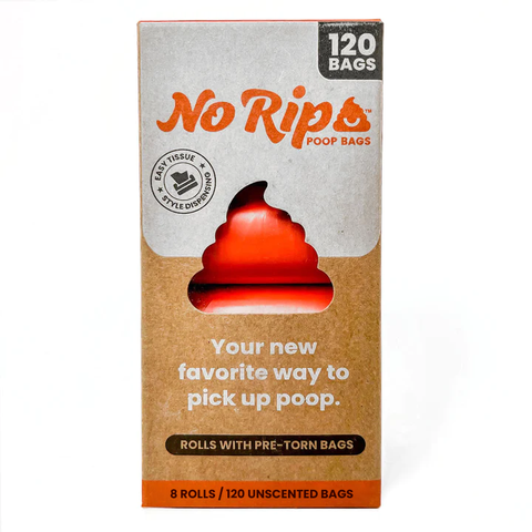 Eight rolls of No Rip Poop Bags pre-torn dog waste bags in branded packaging for convenient walks.