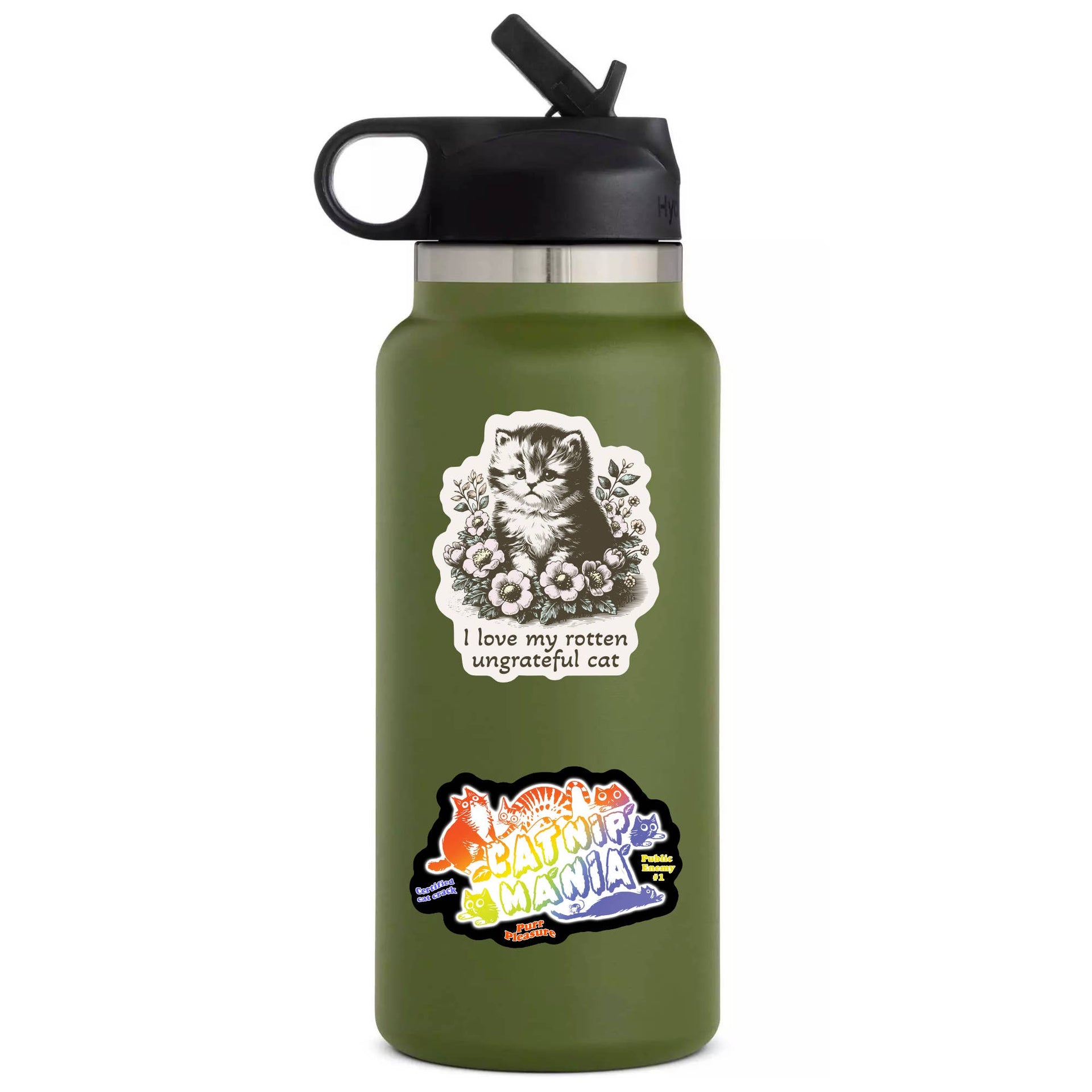 Juju and Moxie Rotten Cat vinyl sticker applied to a laptop or water bottle showing durability.